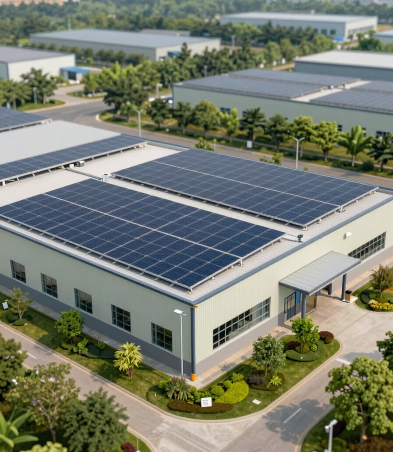 A wide-angle shot of a modern, eco-friendly waste processing center featuring solar panels on the roof and lush green landscaping around the perimeter. The building uses materials in #B0C8BE tones, reflecting an innovative and serene presence in nature.