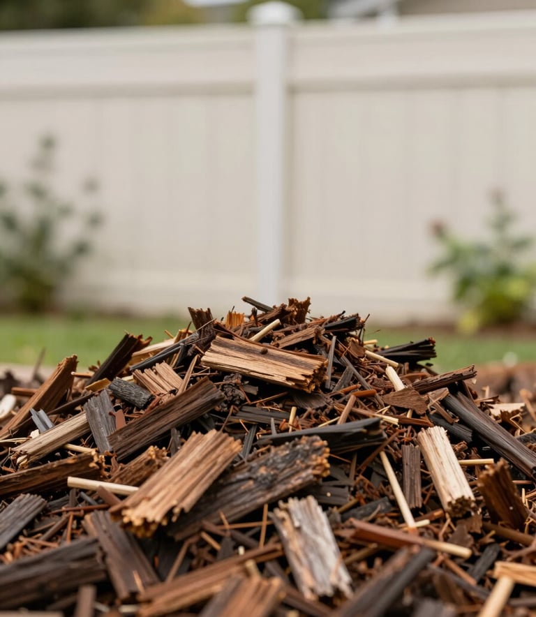 Close-up of freshly ground wood mulch in a residential garden. The background shows an off-white garden fence and pale green foliage, North American setting.
