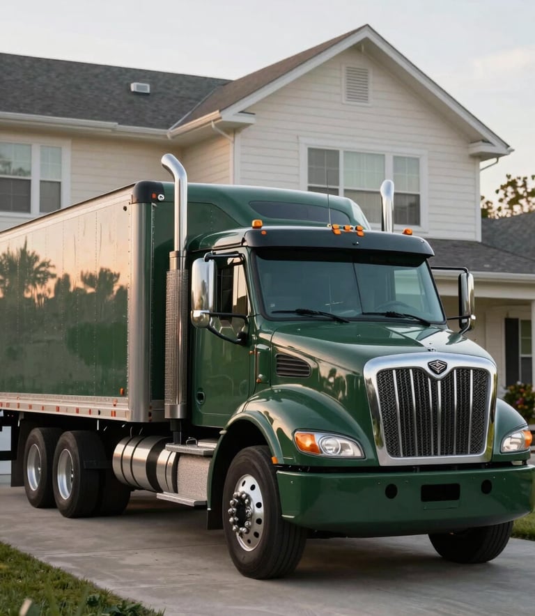 A professional truck and trailer parked on a North American driveway. The equipment is clean and finished in dark green. Soft lighting reflects off the ivory house exterior.