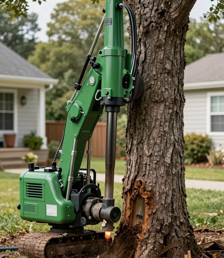A high-action photograph of a heavy-duty hydraulic stump grinder working on a large tree base in a North American residential yard, daylight, medium green and dark green machinery details, professional atmosphere.