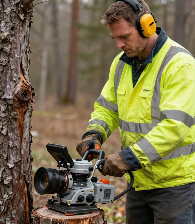 A professional operator in a North American setting wearing high-visibility safety gear and ear protection, operating a remote-controlled stump grinder with focused precision, professional tree service environment.