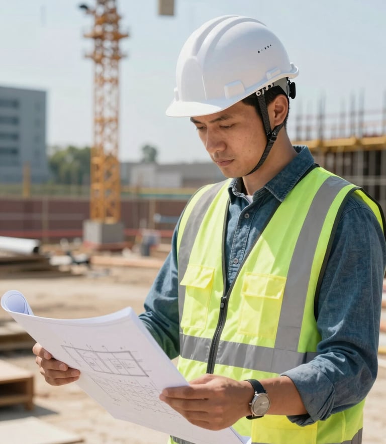 A professional civil engineer wearing a white hard hat and a reflective vest, looking over architectural blueprints on a sunlit construction site. The style is modern and clean, incorporating tones of #5F7C8A and #2D3E50 in the clothing and equipment.