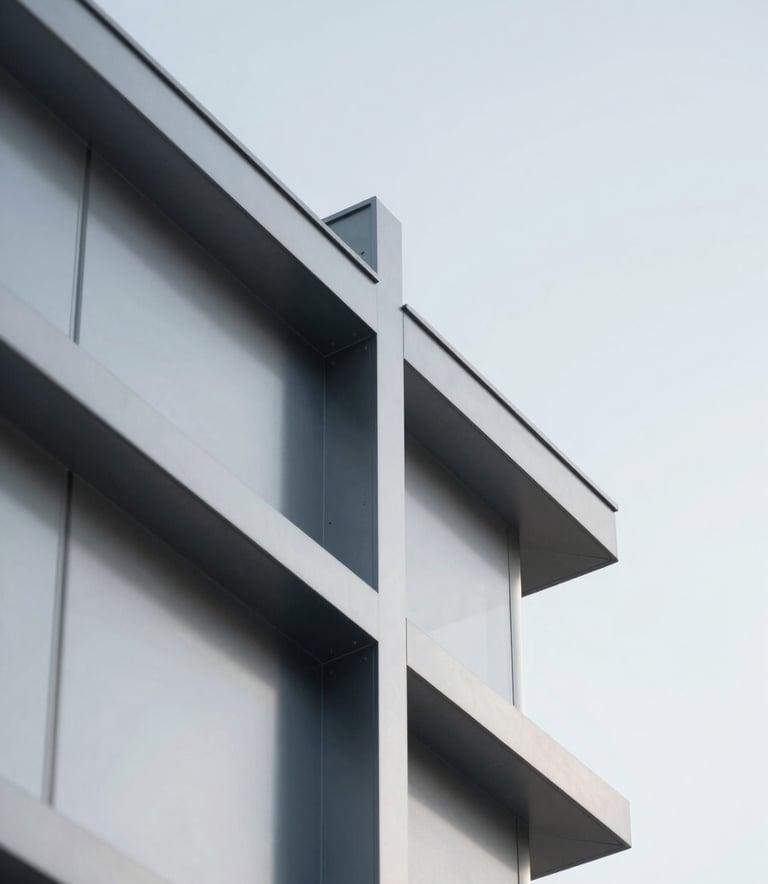 Close-up of a high-tech building structure showing steel joints and clean architectural lines. The lighting is bright and clear, emphasizing precision. Subtle color accents of #5F7C8A against a clean #ECEFF1 sky.