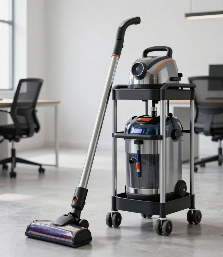 Professional cleaning equipment like a high-end vacuum and organized caddy placed in a bright, minimalist Dutch office space, emphasizing efficiency and modern professionalism.
