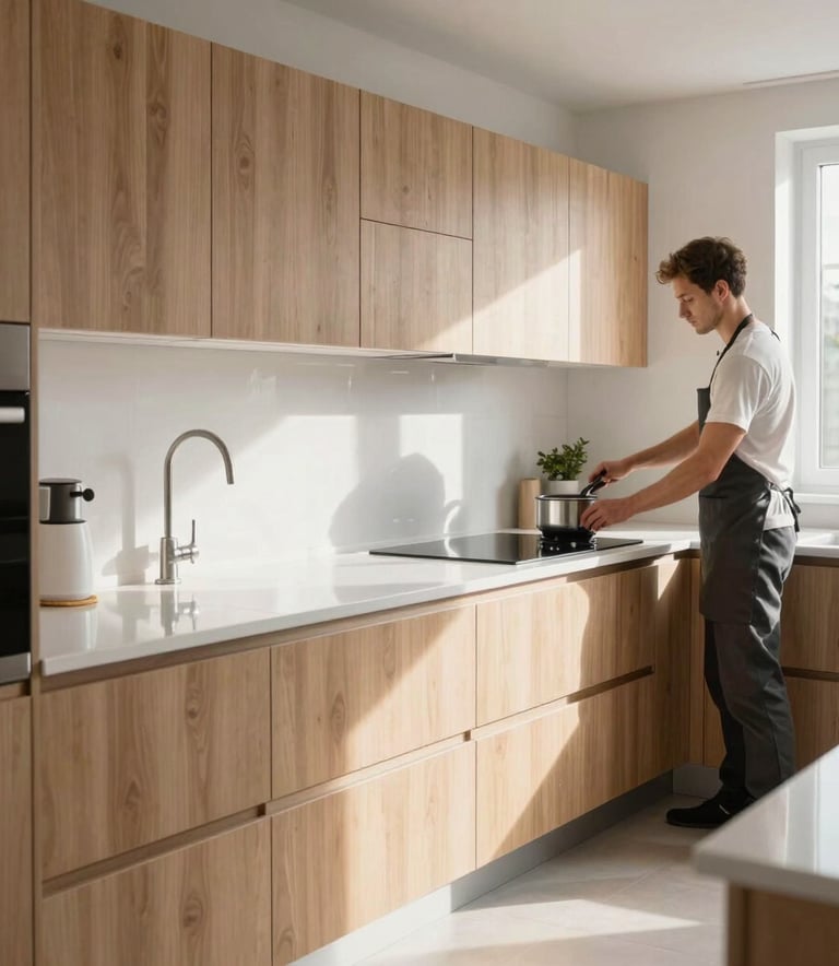 A spotless, modern kitchen with light wood accents and white countertops in a Hillegom residence, gleaming after a deep clean by professionals, bright natural light, Northern European style.