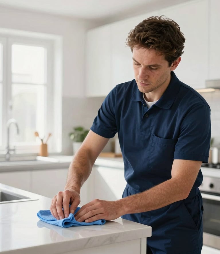 A professional cleaner in a navy blue uniform using a microfiber cloth to clean a bright, modern kitchen in a Northern European home. Natural light floods the room, showing a clean, high-end interior.