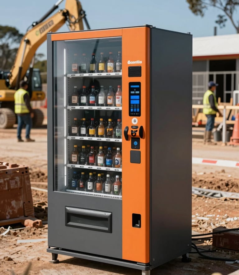 A robust, industrial smart vending machine standing on an active Australian construction site during a clear day. The machine features a modern charcoal and orange finish, with high-visibility workers and heavy machinery blurred in the background. Professional photography, sharp focus, Oceania region context.