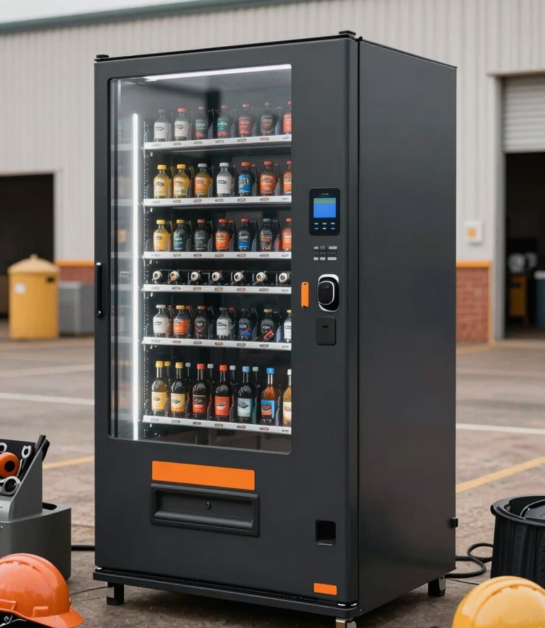 A robust, weather-resistant smart vending machine located in a large industrial outdoor area in Oceania / Australian. The machine is black with charcoal grey accents and orange branding. Hard hats and industrial tools are visible in the foreground.