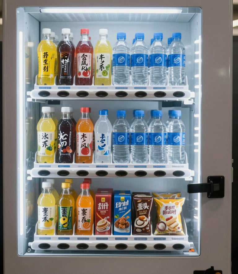 Detailed photography of the interior of a vending machine stocked with energy drinks, cold water bottles, and healthy snacks. The lighting is bright and clean, emphasizing a modern and well-maintained service in an Oceania industrial setting.