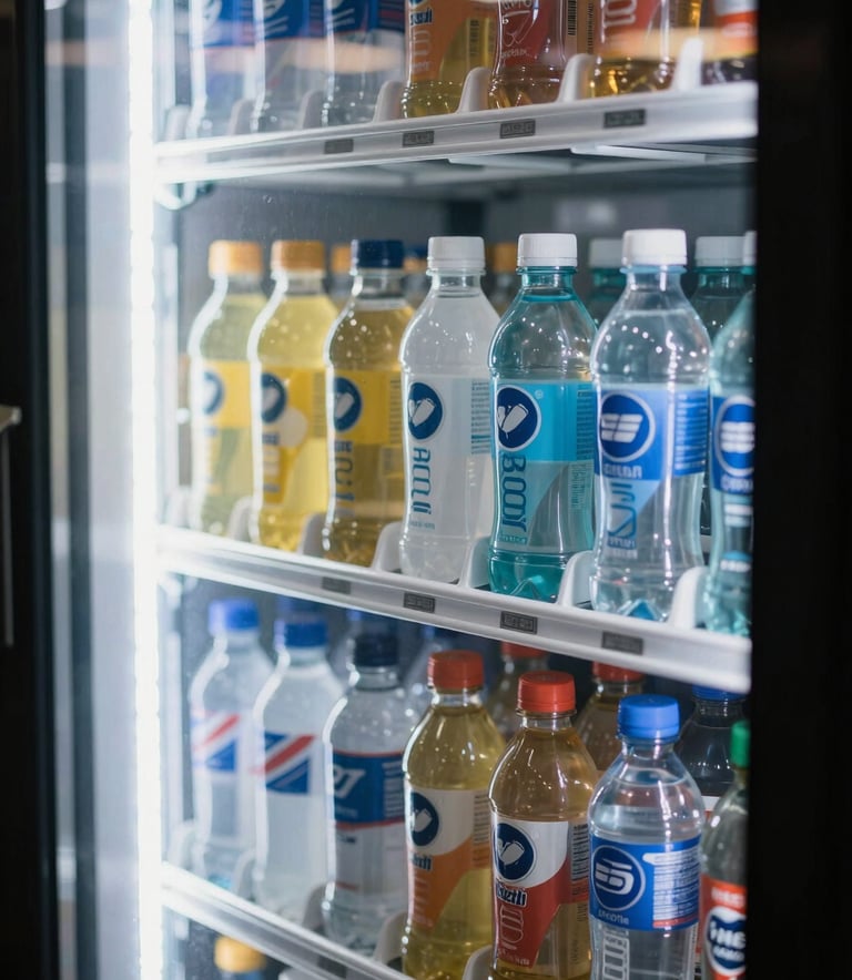 Close-up of high-quality energy drinks and electrolyte hydration bottles neatly arranged inside a brightly lit, refrigerated industrial vending machine. The glass reflects a busy warehouse environment in Oceania / Australian.