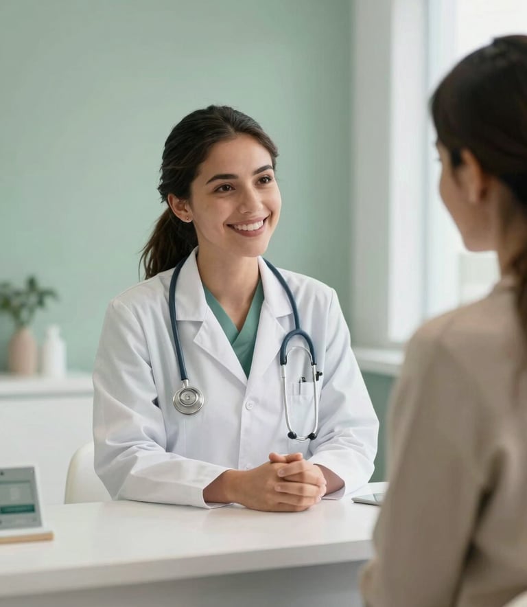 A compassionate veterinarian smiling while looking at a pet owner in a modern Latin American / Spanish clinic reception. The environment is calming with Sage Green walls and Soft Pearl White furniture. High-quality photography, professional atmosphere.
