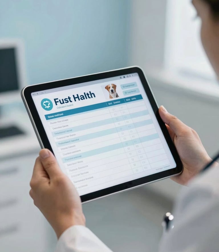 A veterinarian's hands holding a digital tablet showing pet health records and charts in a professional Latin American / Spanish office, with soft sky blue accents in the background.
