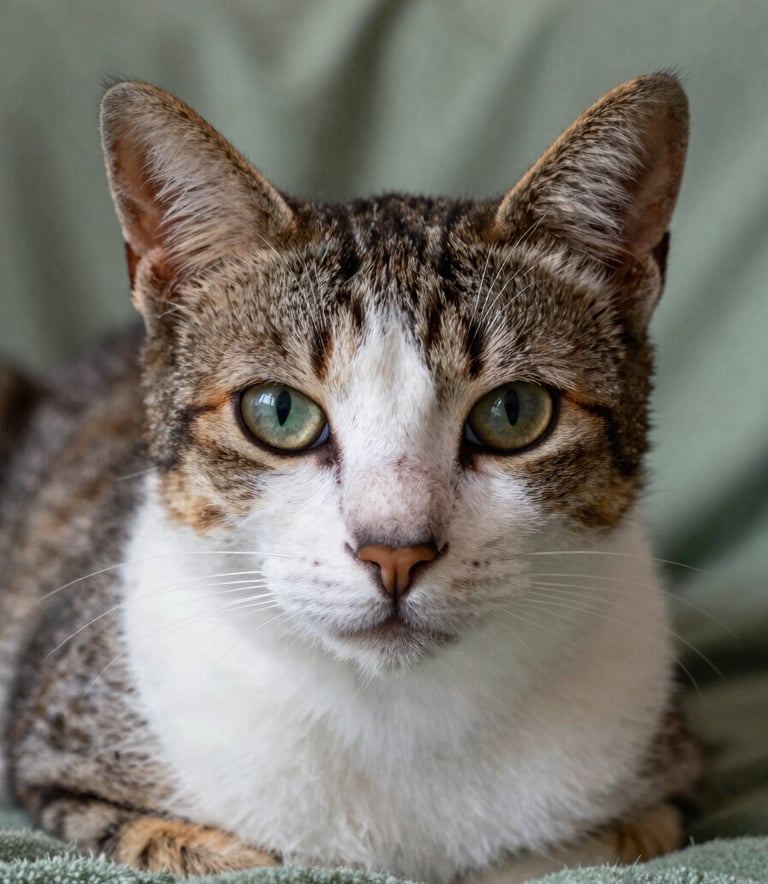 Close-up macro photography of a healthy, calm cat's face with clear eyes, sitting on a sage green blanket in a Latin American / Spanish home.