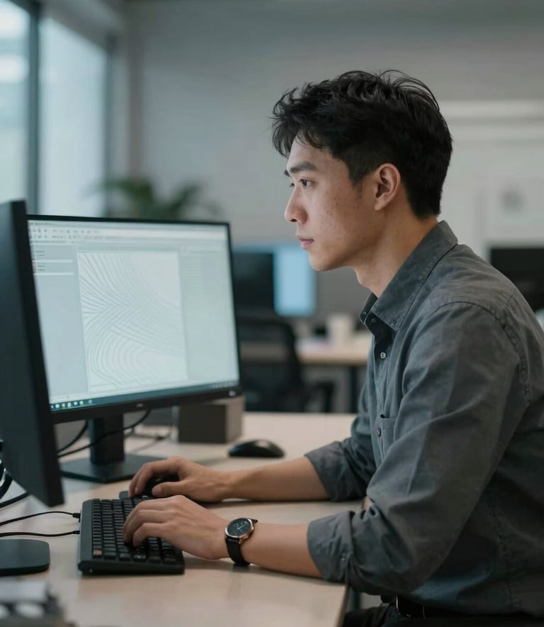 A focused professional in a modern North American office setting looking at high-resolution monitors displaying subtle abstract patterns, soft lighting, professional and authoritative atmosphere using dark gray and light blue tones.