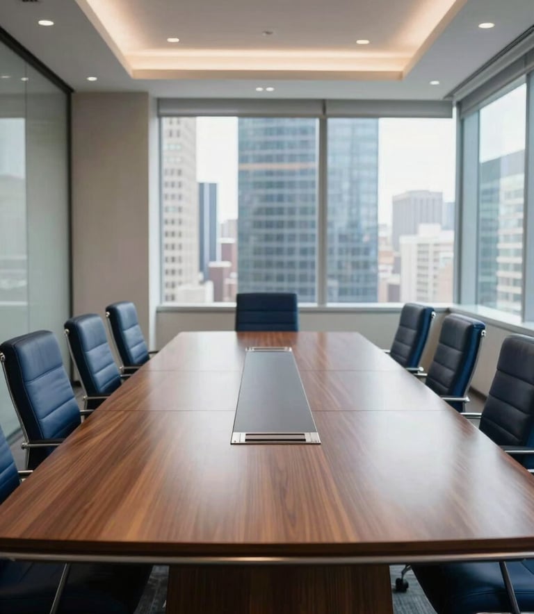 A clean, wide-angle shot of a high-end corporate boardroom in a North American city, featuring a polished wooden table and deep blue accents, natural light coming through floor-to-ceiling windows, professional photography style.