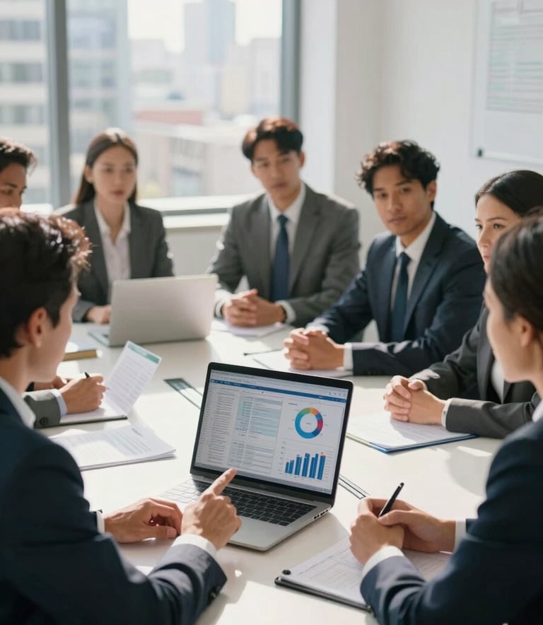 Professional photography of a diverse group of business leaders in formal attire engaged in a strategic discussion in a bright, sunlit boardroom in a US city. The composition is focused on a person pointing at a laptop screen with data analysis charts. The lighting is natural and crisp, highlighting a mood of trust and expertise.