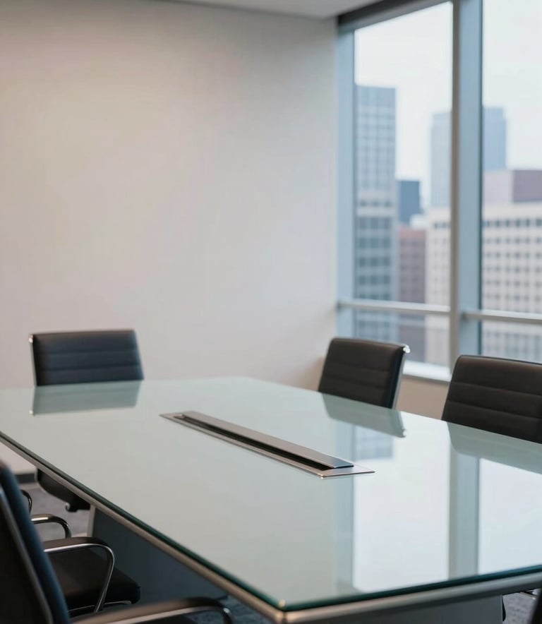 A high-angle professional photograph of a clean, modern corporate office environment in a North American city. The scene features a large glass conference table reflecting soft light, with a blurred view of a metropolitan skyline in the background. The color palette emphasizes off-white and deep blue tones, projecting an authoritative and sophisticated mood.