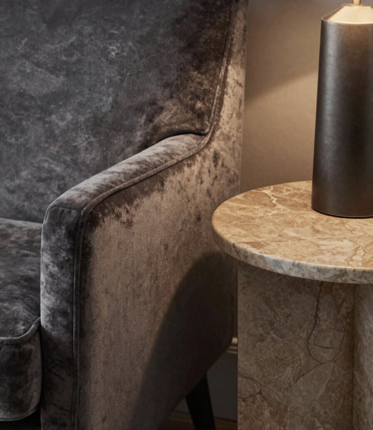 An elegant close-up of interior textures including slate grey velvet upholstery, a warm taupe marble side table, and a dark charcoal metallic lamp. The composition is professional and moody, with soft side lighting.