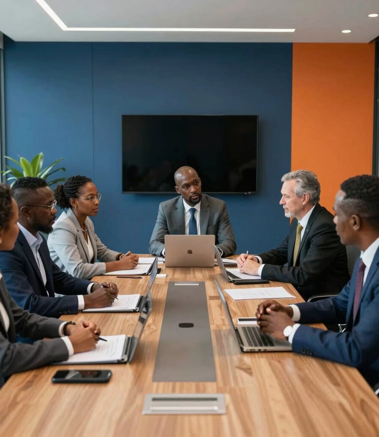 A professional boardroom meeting in a modern Gaborone office, Southern African business professionals in corporate attire discussing transport policy, clean lighting, deep blue and orange accents in the room decor.