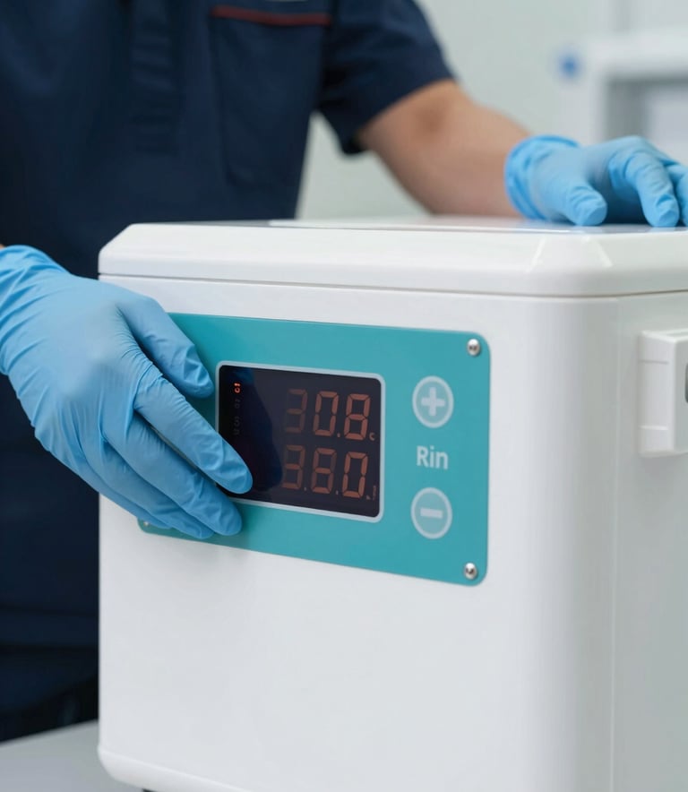 Close-up of a state-of-the-art temperature-controlled medical transport container with a digital thermal display. A professional courier's hand in a blue nitrile glove is visible, emphasizing precision and safety. The lighting is clean and clinical, with a palette of #F5F8FA and accents of #3B6B7C.