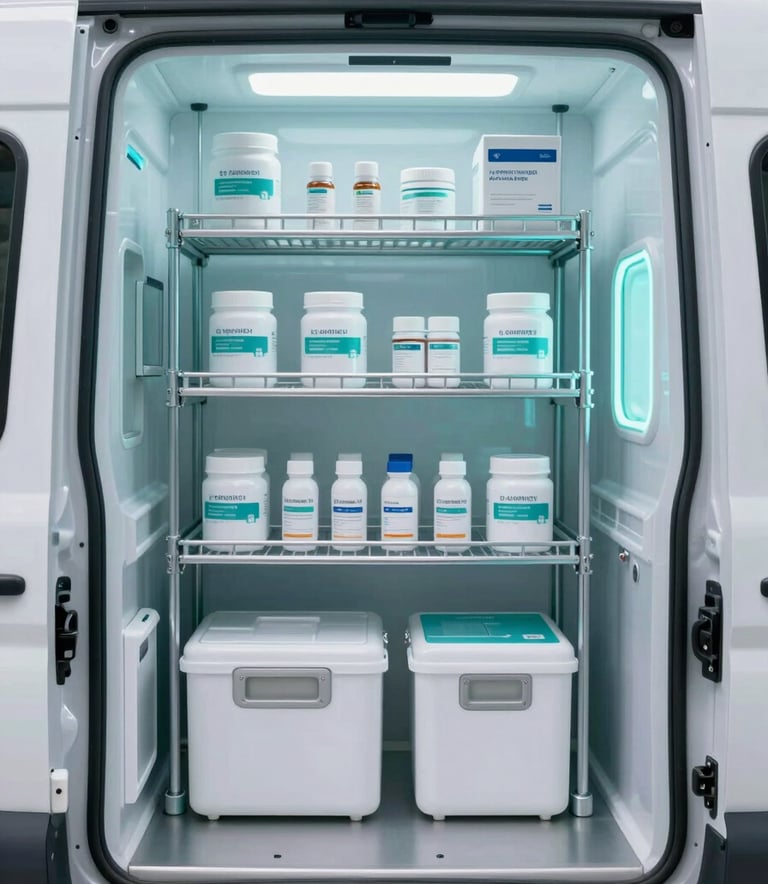 Inside a temperature-controlled medical courier vehicle showing specialized racking for pharmaceutical and pathology samples. Clean, high-tech, clinical feel with teal lighting accents (#3B6B7C).