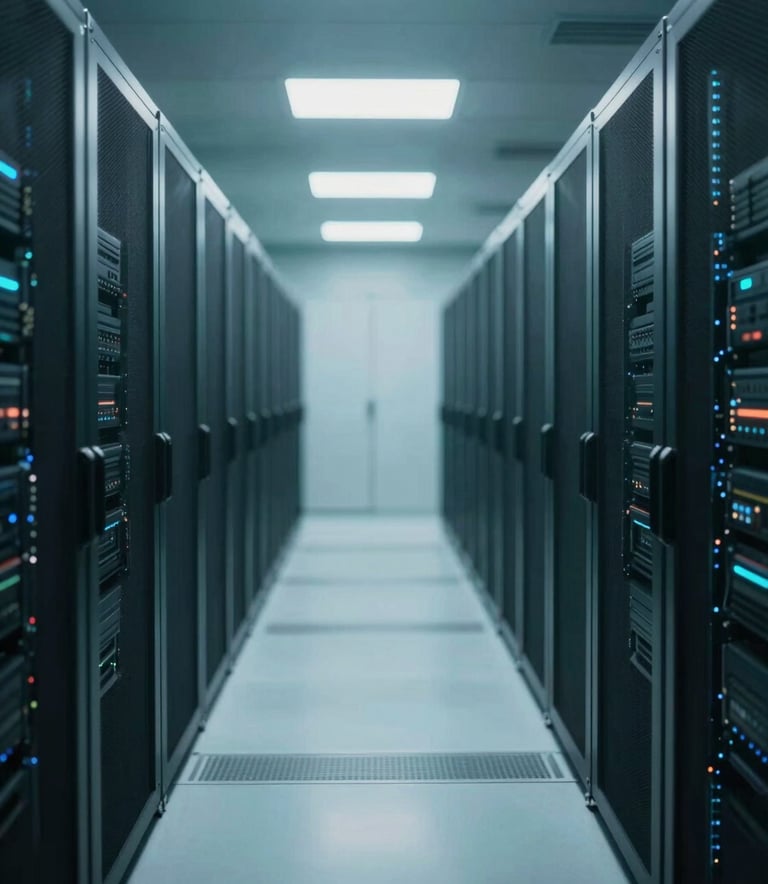 A wide-angle interior view of a futuristic data center corridor. Symmetrical rows of black server cabinets recede into the distance. The flooring is polished and reflects the soft teal lighting from the ceiling. Incorporates a palette of #2E4F4F and #ECF0F1 for a clean, efficient aesthetic.