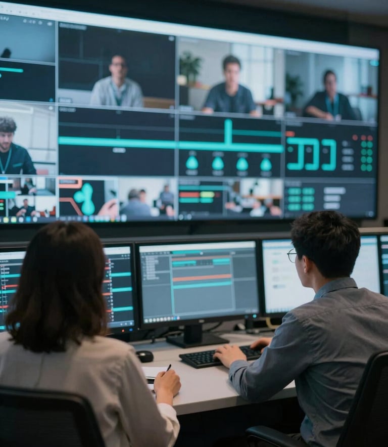 A sophisticated broadcast control room with large monitors showing live stream analytics and video feeds, lit with cool blue and teal accents from the palette #2E4F4F and #0F172A.