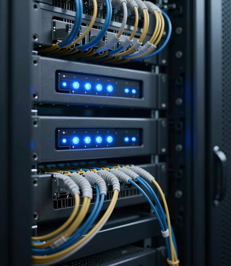 A close-up shot of a high-tech server rack in a modern data center, featuring glowing blue LED indicators and neatly organized fiber-optic cables. The lighting is sophisticated and moody, emphasizing a cool #0F172A and #A1B5BB color palette. The composition is sharp and detailed, conveying cutting-edge reliability.