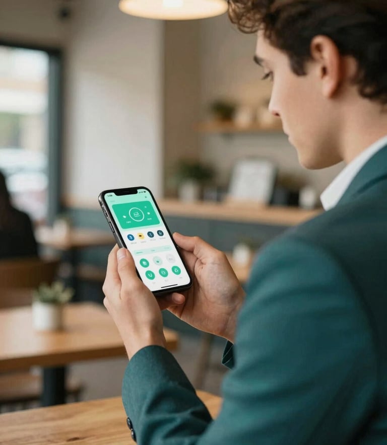 A professional business owner in a modern North American / US cafe setting looking at a high-performance mobile application on their smartphone, soft natural lighting, with a warm and professional mood, incorporating deep teal and seafoam green accents.