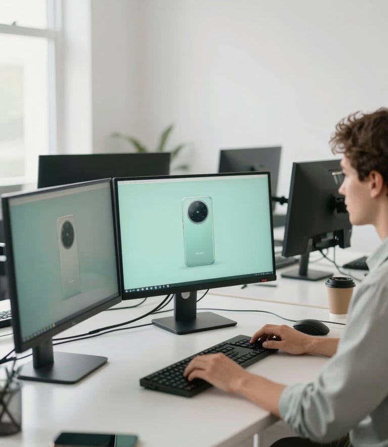 A mobile developer working on multiple high-end monitors in a bright, modern North American / US studio space, creative atmosphere, featuring soft mint white and muted sage color palette.