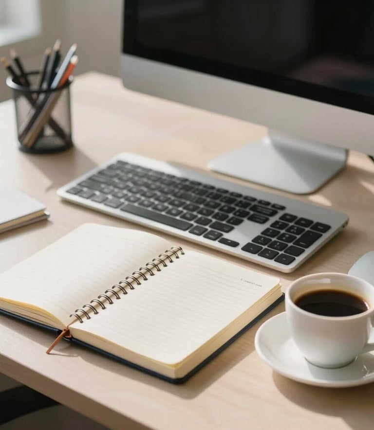 An organized and efficient South American administrative workspace featuring a notebook, a sleek modern computer, and a cup of coffee, bright morning light, professional atmosphere.