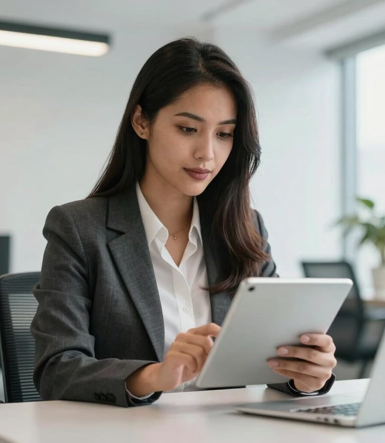 A focused South American professional in a modern office, looking at a digital tablet with a clean, bright background, professional attire.