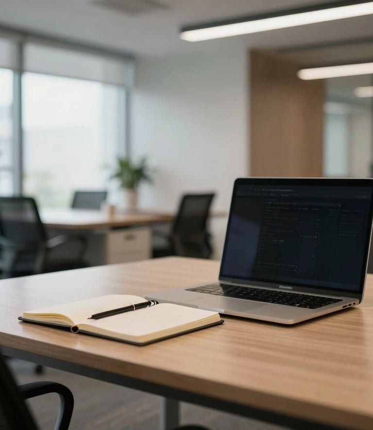Professional photography of a contemporary Brazilian corporate office interior, focusing on a tidy workspace with a notepad and laptop, background showing a professional shared office space with soft daylight and clean lines.