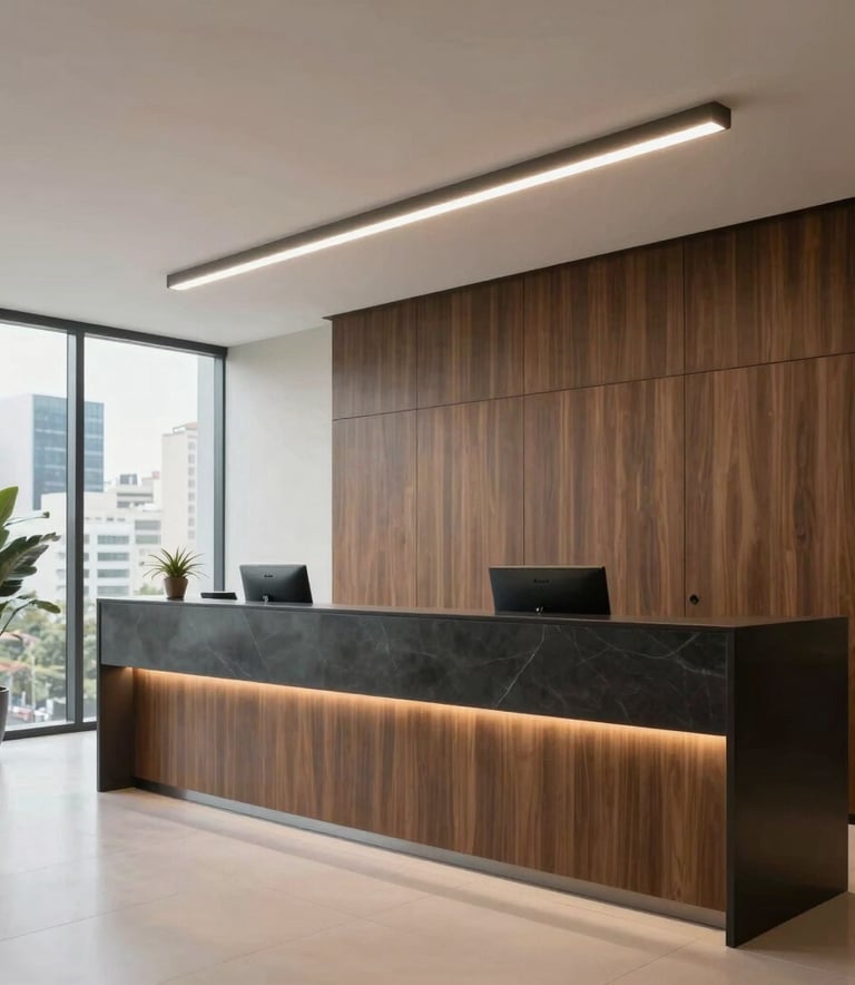 Photography of a modern office reception area in a South American / Brazilian city, featuring clean architectural lines, professional lighting, and an atmosphere of solid corporate trust.