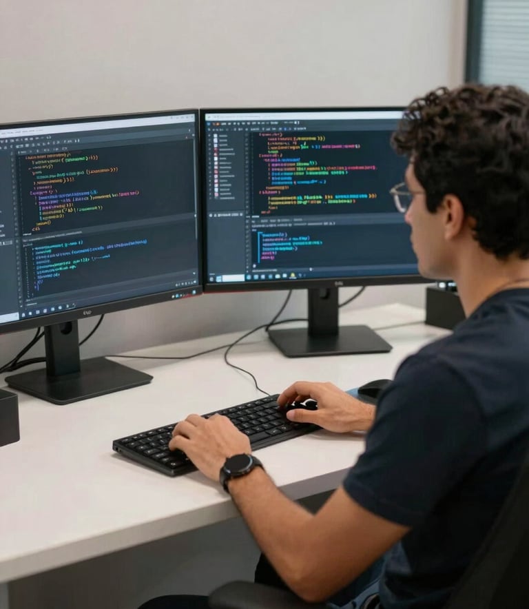 A professional Latin American specialist sitting at a clean, minimalist workstation with multiple monitors displaying lines of code and automation workflows, cinematic lighting.
