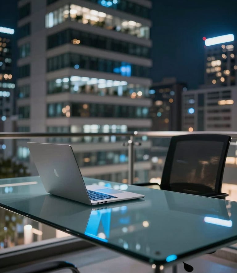 A modern, minimalist workspace in a high-rise Latin American building at night, featuring a clean glass desk with a sleek laptop reflecting electric blue light, focused on a professional and technologically advanced environment.