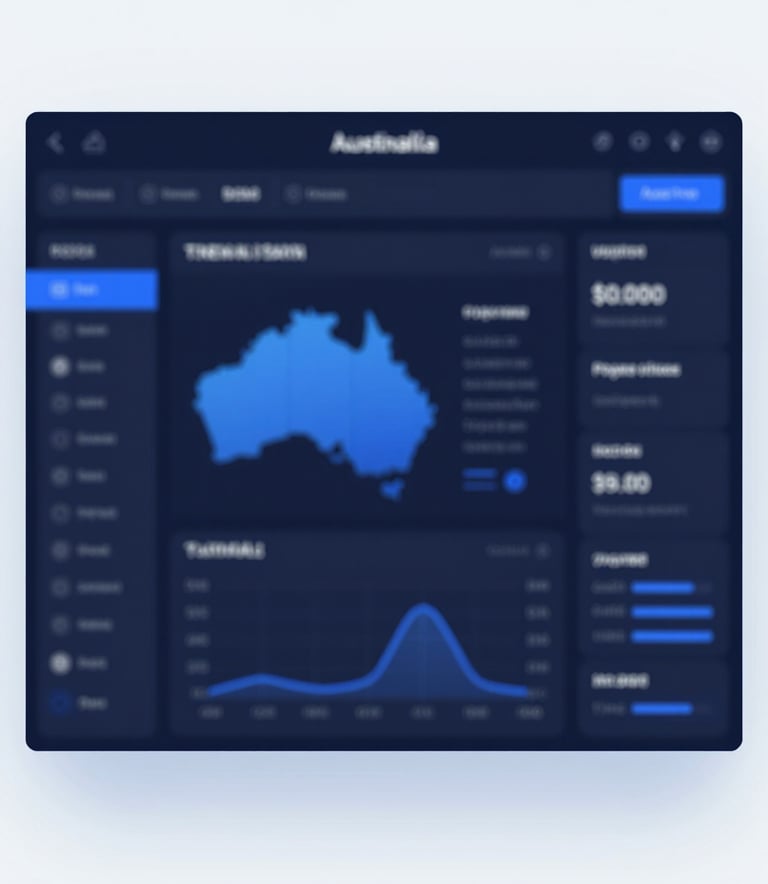 A premium, modern data dashboard showing local growth analytics for Australian businesses, featuring electric blue highlights (#007ACC) and a clean UI on a dark navy (#0F1E2E) background.