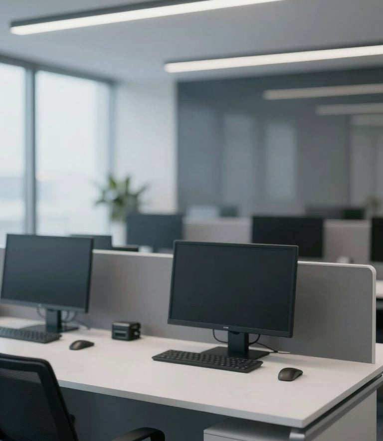 A sleek, modern Australian office space with high-end tech equipment, soft professional lighting, and a palette of charcoal (#34495E) and white (#F8F9FA).