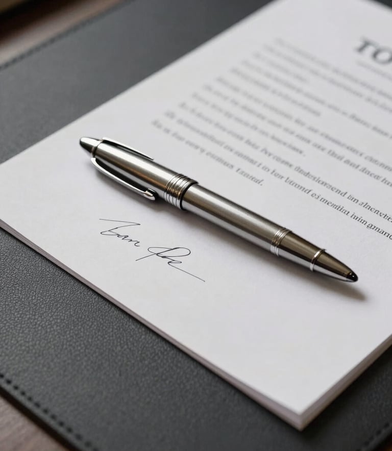 A close-up photograph of a luxury silver fountain pen resting on top of a signed legal contract. The background is a textured dark charcoal leather desk mat. The lighting is soft and directional, highlighting the metallic finish of the pen and the off-white paper. Minimalist and sharp composition.