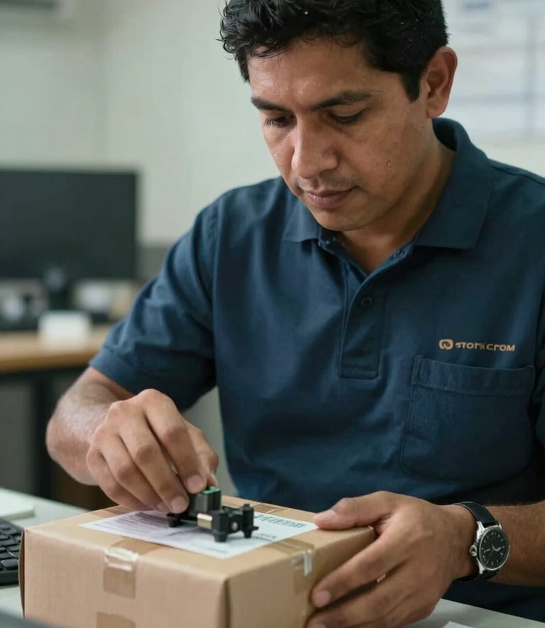 Close-up of a logistics professional in a South American / Bolivian office environment carefully inspecting a package of high-tech spare parts. The lighting is soft and professional, incorporating Muted Forest Teal and Deep Navy Blue tones.