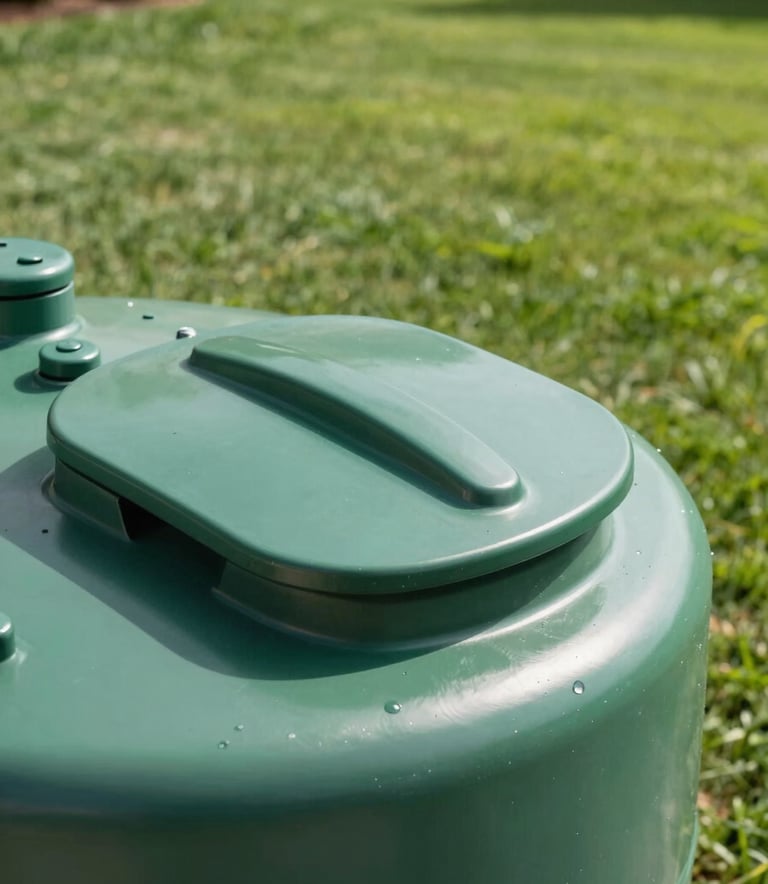 Close-up of a modern, heavy-duty green septic tank access lid flush with a perfectly manicured lawn in a North American backyard, bright natural lighting.