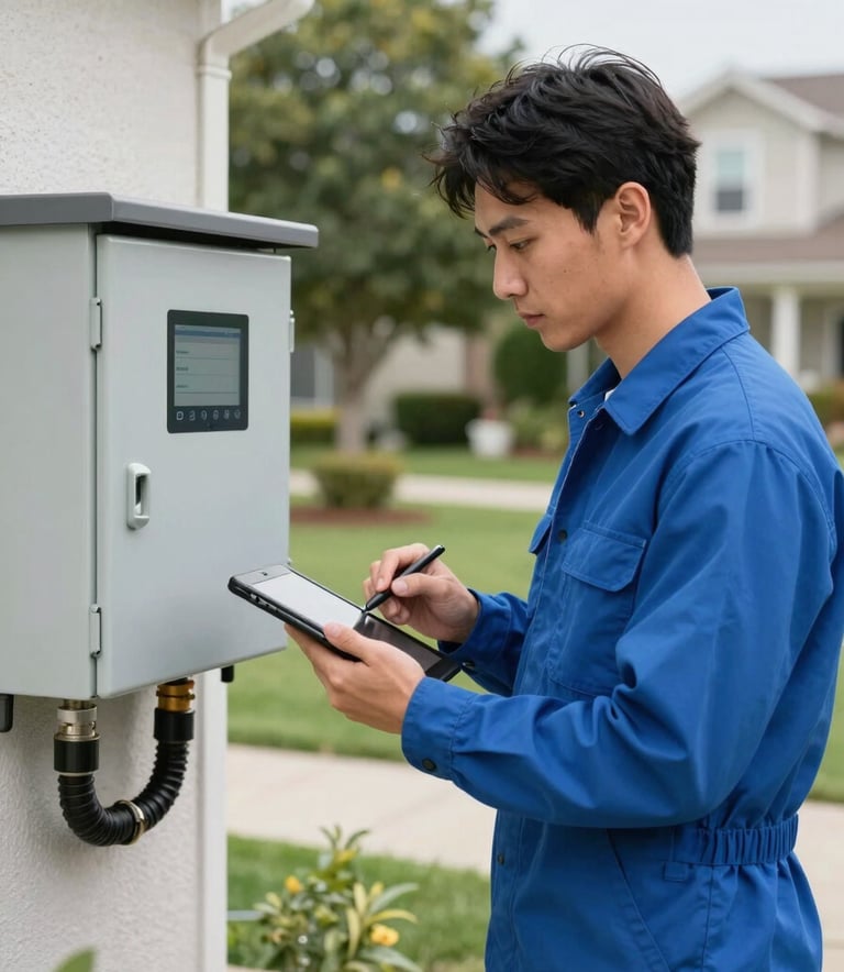 A professional service technician in a clean slate blue uniform using a digital tablet to inspect a septic system control panel outdoors in a North American residential yard during the day.