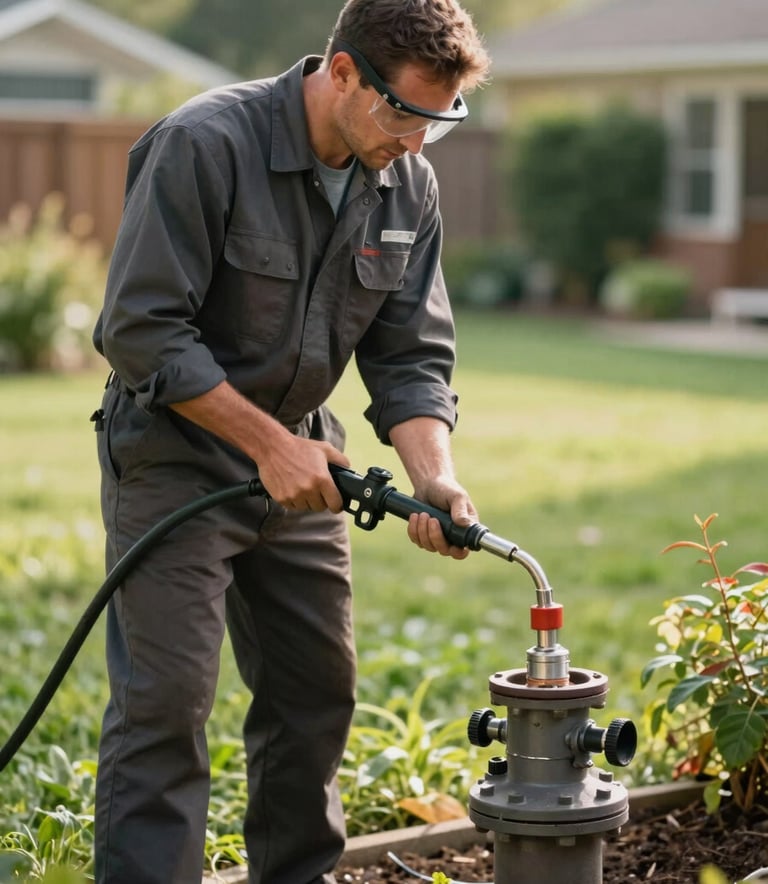 A professional septic technician in a North American setting wearing a clean charcoal work uniform and safety gear, using a specialized tool to inspect a septic riser in a lush green backyard. The lighting is soft morning light.