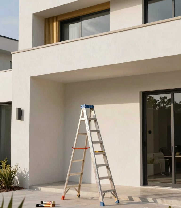 A high-end modern residential exterior in Malibu, North American / Southern California. The scene shows a clean architectural facade with professional painting equipment like a neatly placed ladder and high-quality brushes nearby. The colors include off-white surfaces and muted gold trim accents under soft, natural daylight.