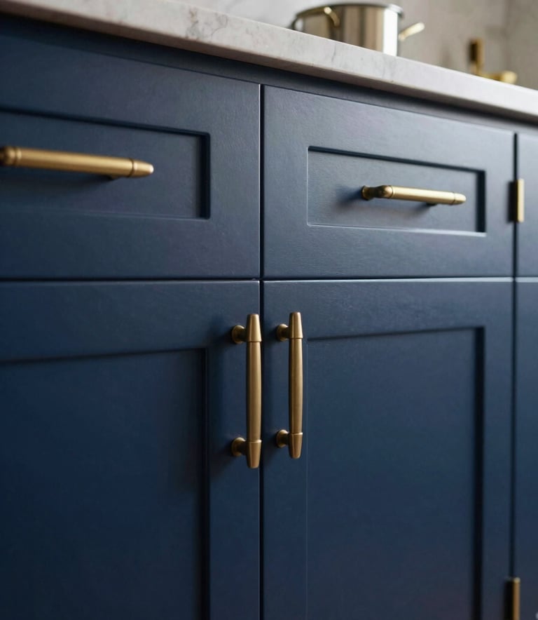 A close-up of high-end kitchen cabinets in a North American / Southern California home, featuring a flawless deep navy blue fine finish and muted gold hardware.