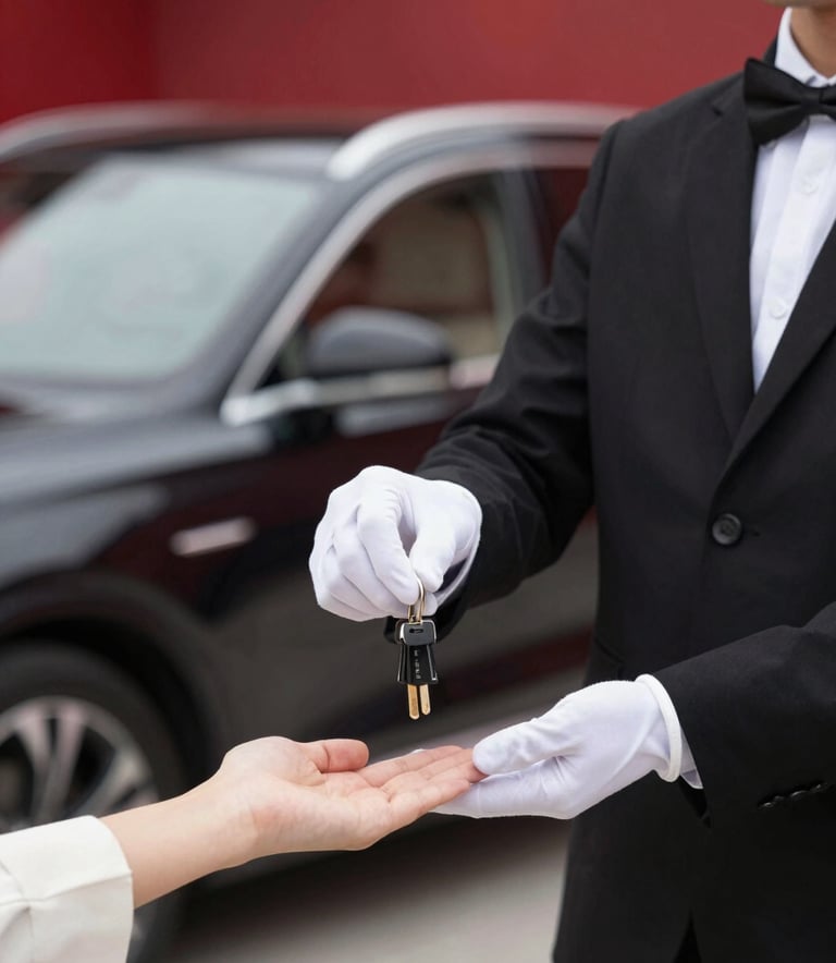 A close-up shot of a valet attendant in a crisp black uniform and white gloves handing keys back to a client. A luxury SUV is softly blurred in the background. The lighting is professional and warm, with deep red #6A0505 accents in the environment lighting.