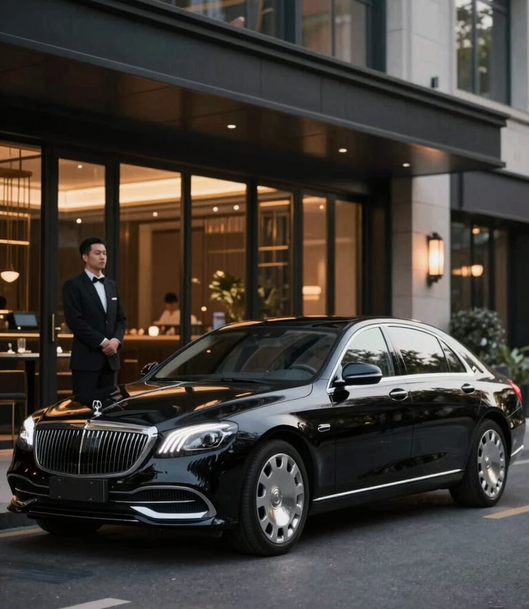 A sleek black luxury sedan parked elegantly in front of a high-end restaurant facade. A professional valet stands by the door. Night scene with sophisticated lighting, highlighting the vehicle's metallic finish and #1A1A1A and #F5F5F5 tones.