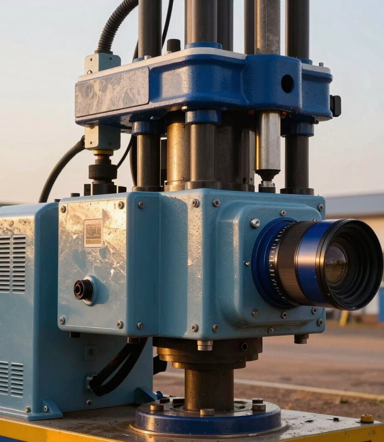 A close-up photograph of heavy-duty industrial drilling equipment at a West African facility, featuring clean lines, slate blue and navy blue accents, and polished surfaces reflecting the golden afternoon sun.