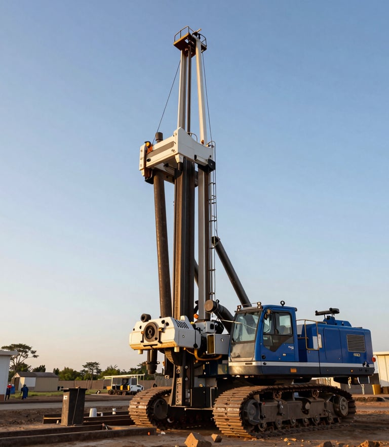 A sharp, professional wide-angle photograph of a specialized drilling rig at a West African onshore site. The scene is illuminated by the golden light of late afternoon, highlighting the deep blue and metallic gray surfaces of the equipment against a clear sky.
