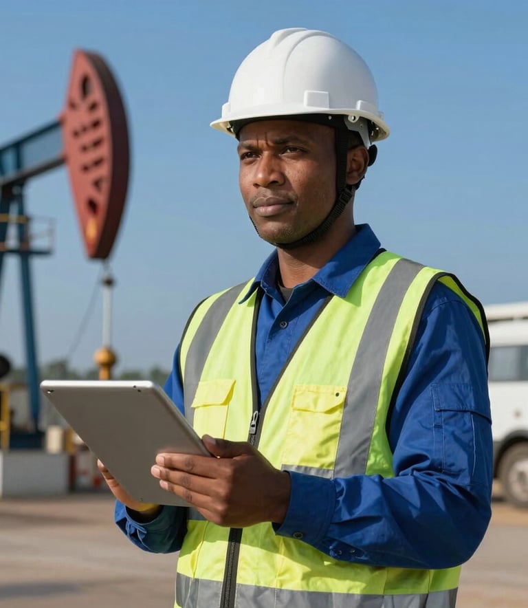 A professional portrait of a technical petroleum engineer wearing safety gear and a hard hat at a West African site, holding a digital tablet, with a slate blue industrial background.